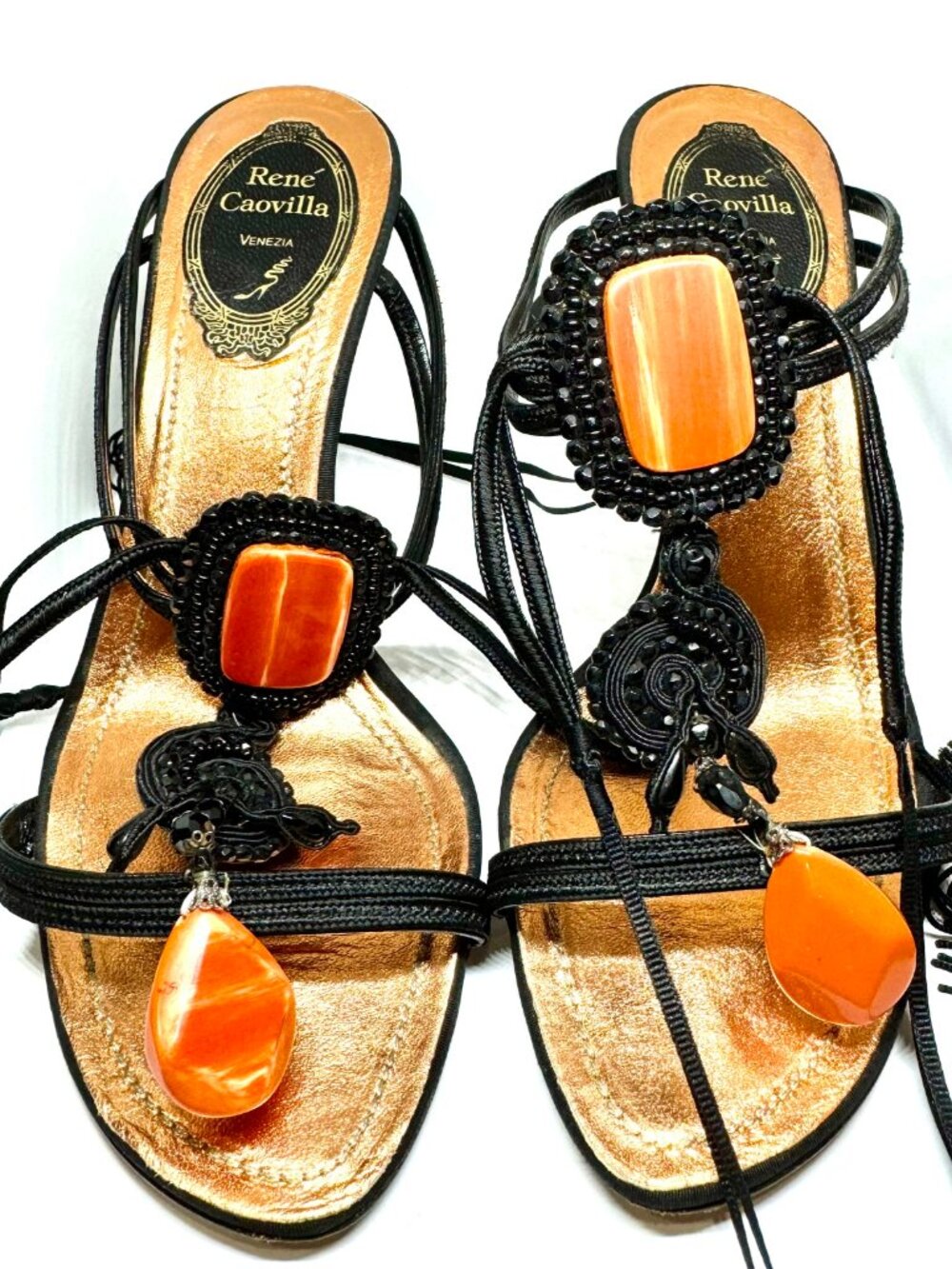 René Caovilla Black Embellished Wrap Sandals Size 36.5